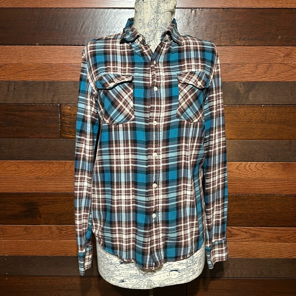 Coastal Collared Long Sleeve Blue and Brown Plaid Button Down Flannel